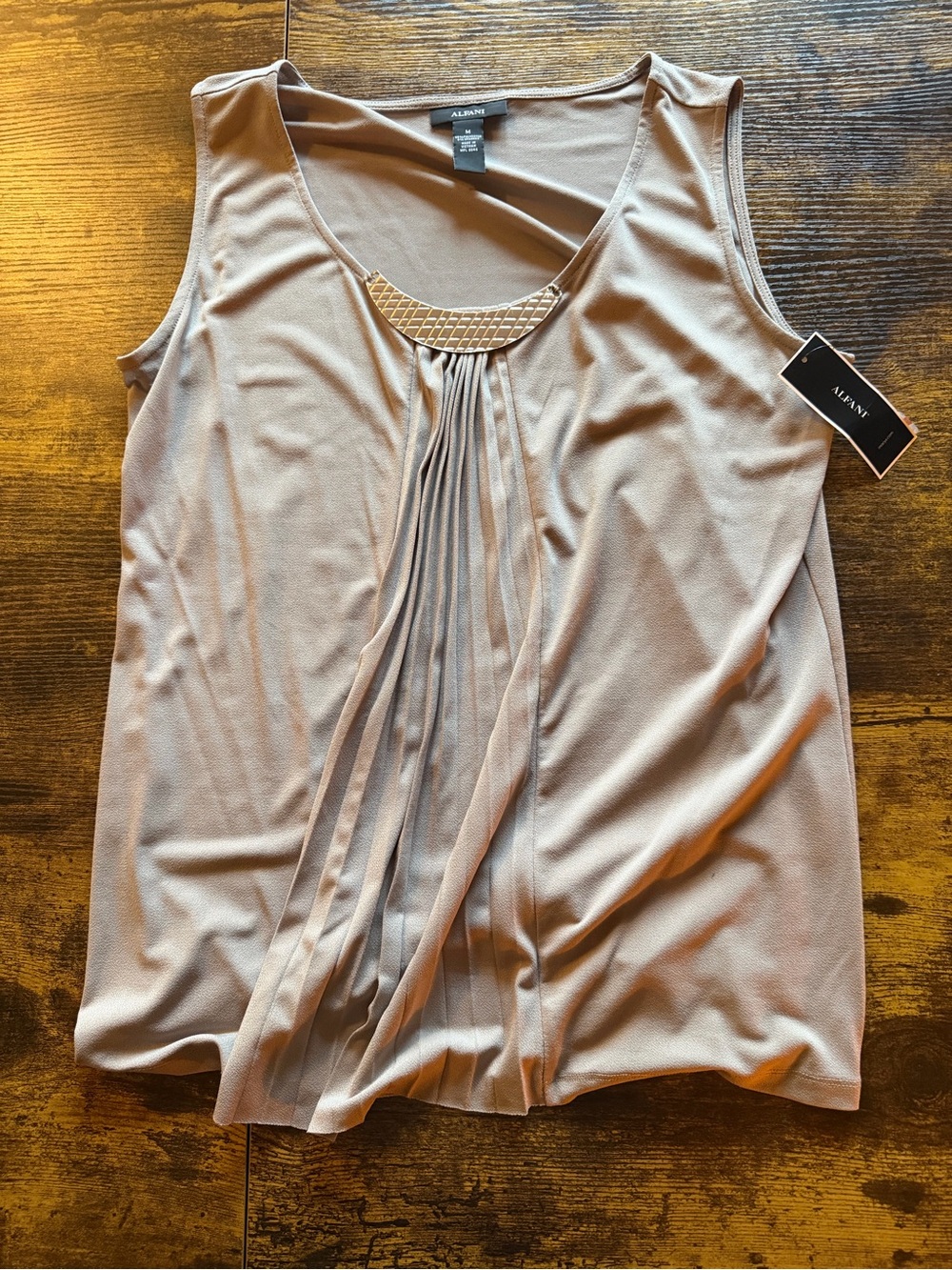 Alfani Taupe Pleated Front Sleeveless Top with Decorative Neck Accent